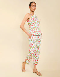 Model wearing the Palau Cigarette Pant in Quatrefoil Sierra print, featuring a slim-fit cropped silhouette, tailored front pleat detailing, side seam pockets, and crisp poplin fabrication.