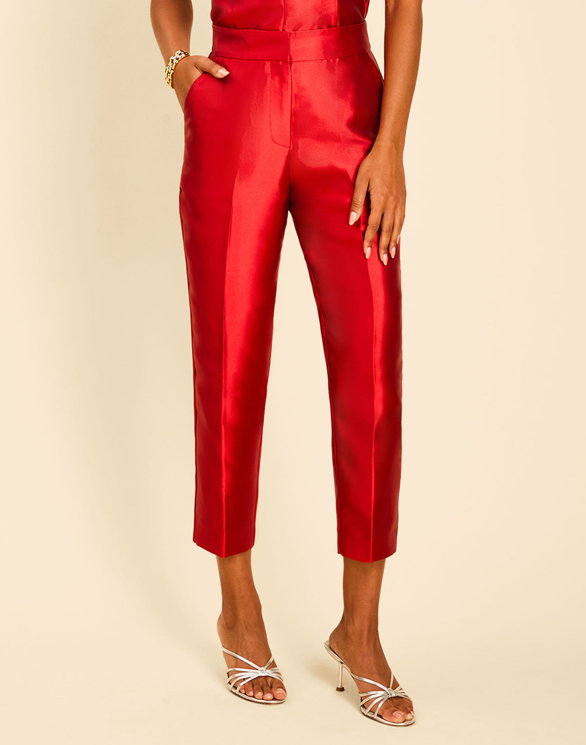 Palau Cigarette Pant in Merlot Red with a high waist, pressed front pleats, and cropped slim-fit silhouette