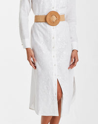 Modern barong midi dress with reinforced collar and heritage-inspired embroidery