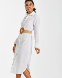 Modern barong midi dress with reinforced collar and heritage-inspired embroidery