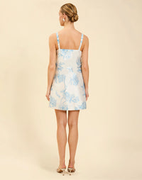 Payton Mini Dress in Powder Batiste poly dupioni with straight neckline, bow strap details, shift mini silhouette, and hidden side pockets.
