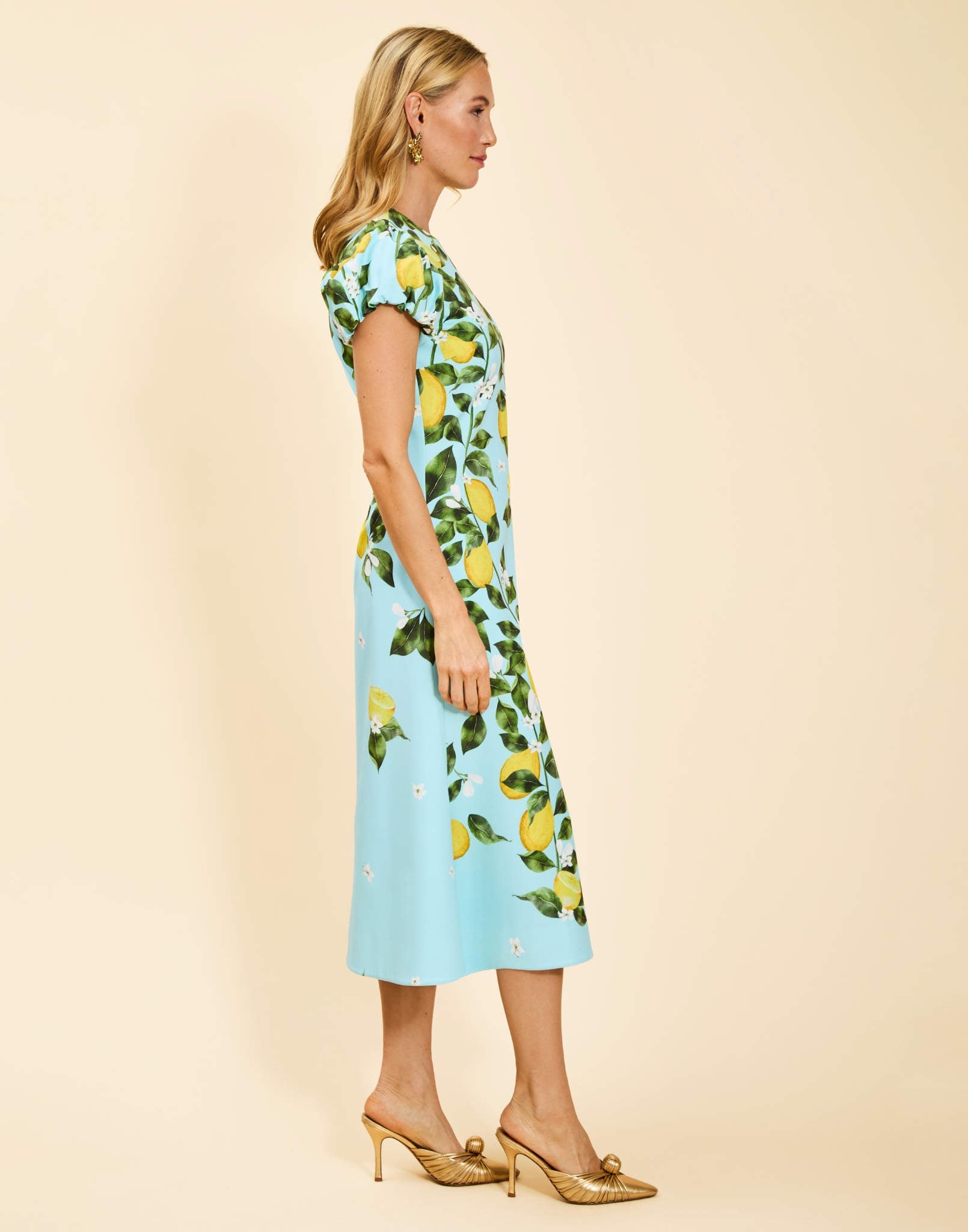 Perla Midi Dress in Sorrento Citrus stretch crepe with puff cap sleeves, crew neckline, and fit-and-flare silhouette.