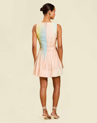 Philippa Pintucked Mini Dress in Sorbet Haze linen organza with pintucked bodice, crew neckline, and fit-and-flare silhouette.