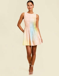 Philippa Pintucked Mini Dress in Sorbet Haze linen organza with pintucked bodice, crew neckline, and fit-and-flare silhouette.