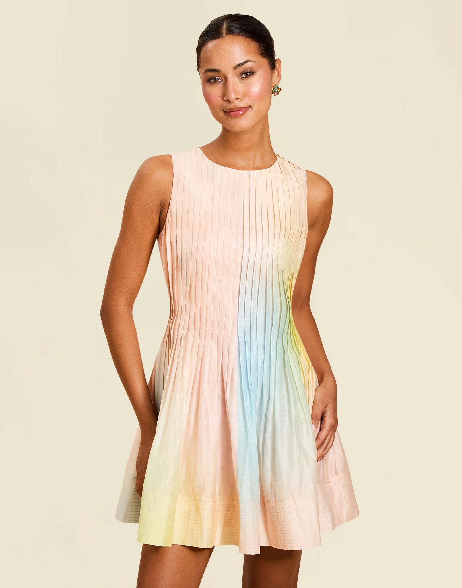 Philippa Pintucked Mini Dress in Sorbet Haze linen organza with pintucked bodice, crew neckline, and fit-and-flare silhouette.
