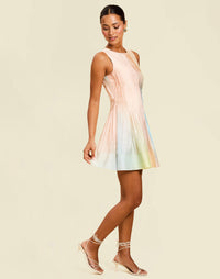 Philippa Pintucked Mini Dress in Sorbet Haze linen organza with pintucked bodice, crew neckline, and fit-and-flare silhouette.