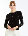 Phoebe Embellished Sweater in Beaded Black front – knit sweater with beaded collar, sleeves, and front bodice by Mestiza New York.