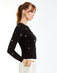 Phoebe Embellished Sweater in Beaded Black side – knit sweater with beaded collar, sleeves, and front bodice by Mestiza New York.