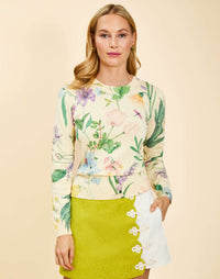 Phoebe Sweater in Blooming Vine printed cotton knit with crew neckline, ribbed cuffs, and fitted waist silhouette.