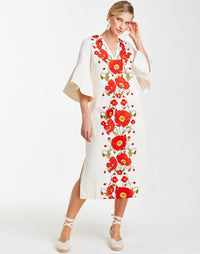Ivory caftan with ornate poppy flower embroidery