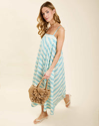 Model wearing Portofino Maxi Dress in Aegean Stripe cotton voile with straight neckline and flared silhouette.