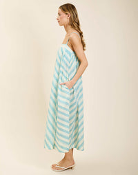 Model wearing Portofino Maxi Dress in Aegean Stripe cotton voile with straight neckline and flared silhouette.