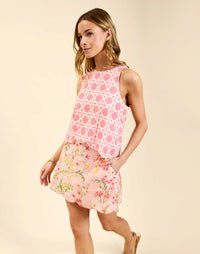 Prism Scallop Tank Top in Lattice Blush linen racerback tank with embroidered scalloped hem and frog tie shoulder details