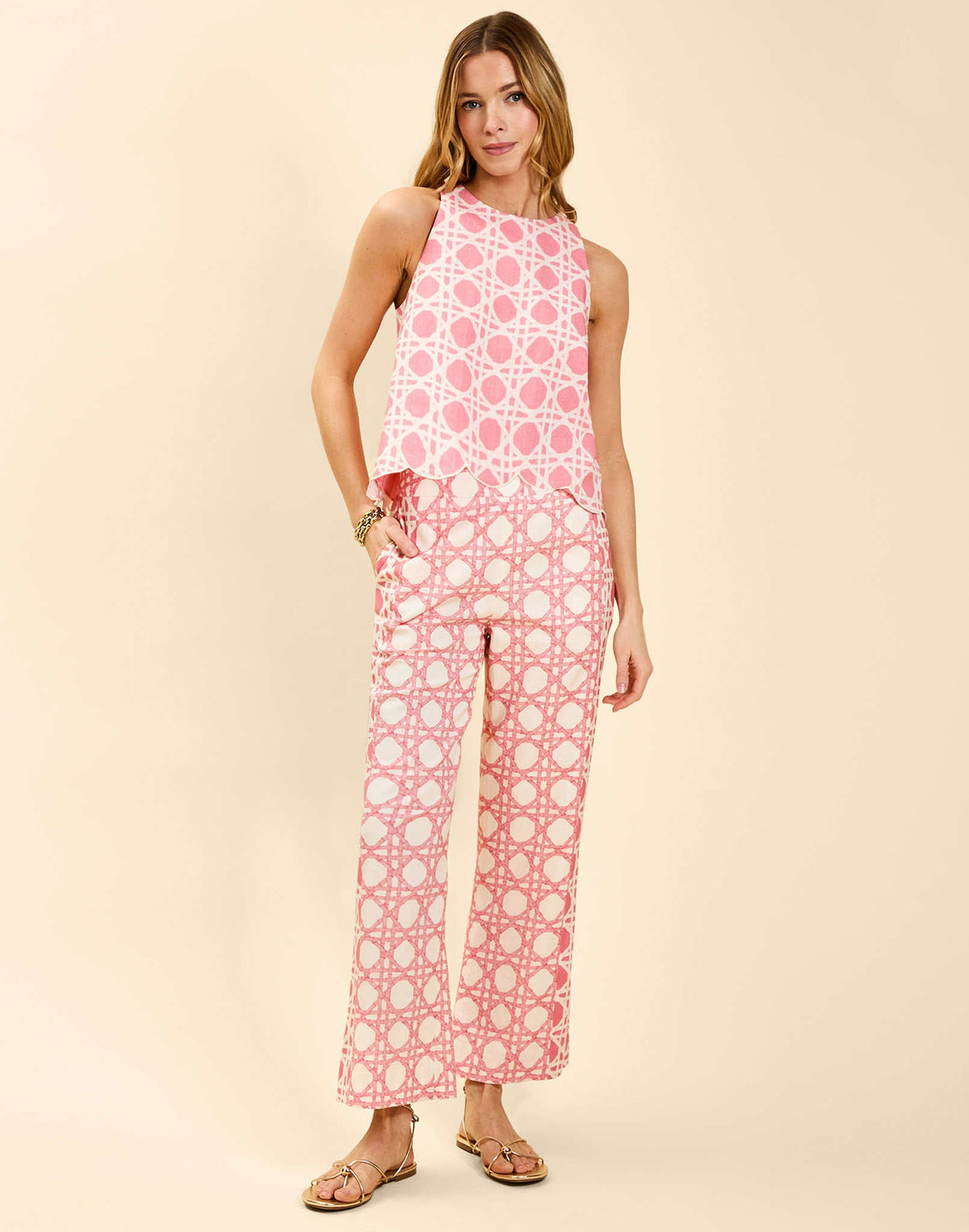 Prism Scallop Tank Top in Lattice Blush linen racerback tank with embroidered scalloped hem and frog tie shoulder details