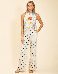 Taylor Pant in Polka Dot poplin with high-waisted fit, modern flare-leg silhouette, front fly zipper, and side pockets.