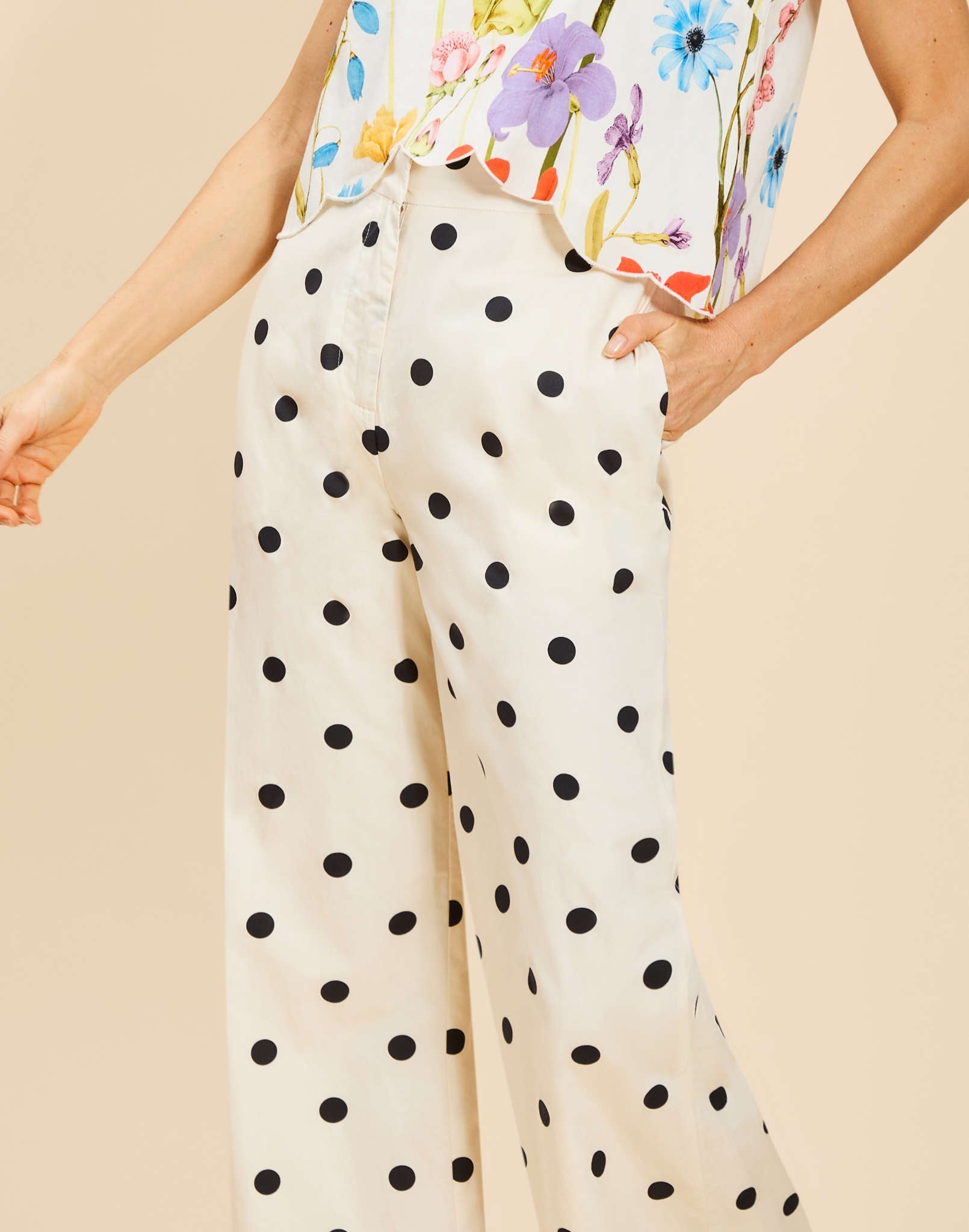 Taylor Pant in Polka Dot poplin with high-waisted fit, modern flare-leg silhouette, front fly zipper, and side pockets.