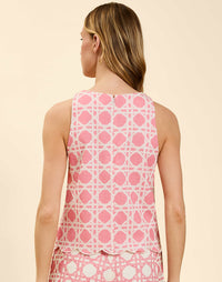 Prism Scallop Tank Top in Lattice Blush linen racerback tank with embroidered scalloped hem and frog tie shoulder details