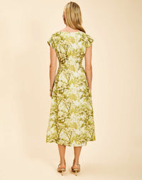 Quinn Midi Dress in Citrus Toile linen organza with boat neckline, pintuck bodice, kimono sleeves, and side pockets.