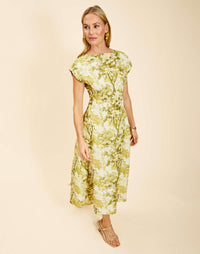 Quinn Midi Dress in Citrus Toile linen organza with boat neckline, pintuck bodice, kimono sleeves, and side pockets.