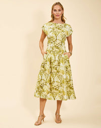 Quinn Midi Dress in Citrus Toile linen organza with boat neckline, pintuck bodice, kimono sleeves, and side pockets.