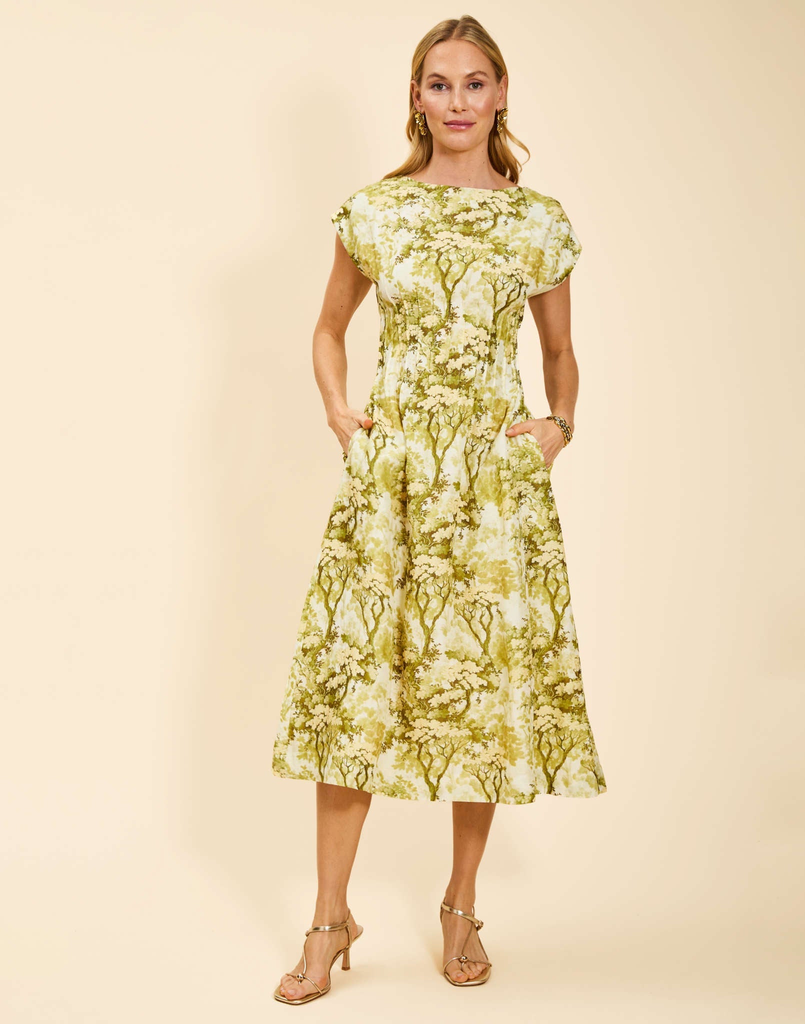 Quinn Midi Dress in Citrus Toile linen organza with boat neckline, pintuck bodice, kimono sleeves, and side pockets.