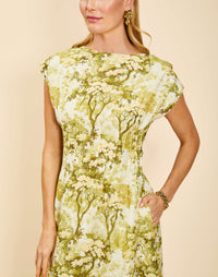 Quinn Midi Dress in Citrus Toile linen organza with boat neckline, pintuck bodice, kimono sleeves, and side pockets.