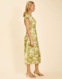Quinn Midi Dress in Citrus Toile linen organza with boat neckline, pintuck bodice, kimono sleeves, and side pockets.