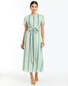 Front - Nolita Wrap Dress in Catena Stripe cocktail midi with faux wrap waist, gold hardware, and short sleeves.