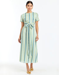 Front - Nolita Wrap Dress in Catena Stripe cocktail midi with faux wrap waist, gold hardware, and short sleeves.