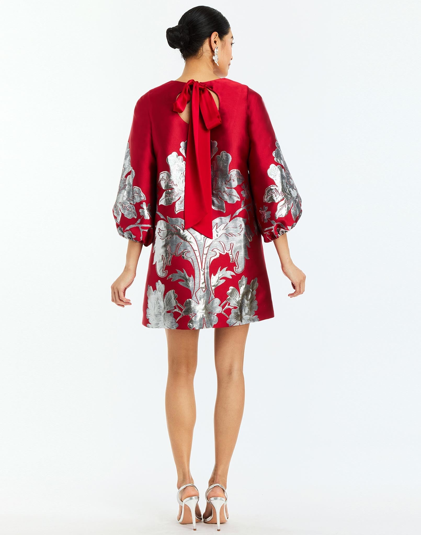 Rosanna Mini Dress in Burgundy Arbor back – metallic jacquard cocktail dress with A-line silhouette, crew neckline, and balloon sleeves by Mestiza New York.