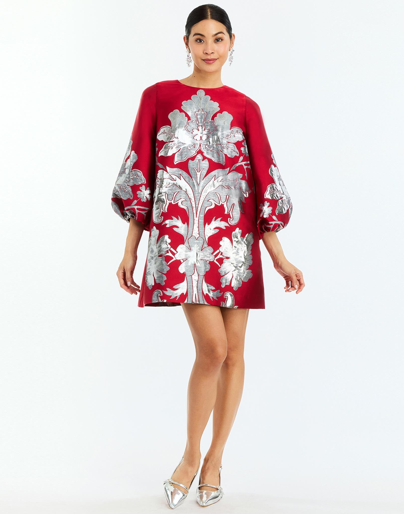Rosanna Mini Dress in Burgundy Arbor front – metallic jacquard cocktail dress with A-line silhouette, crew neckline, and balloon sleeves by Mestiza New York.