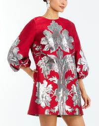 Rosanna Mini Dress in Burgundy Arbor side – metallic jacquard cocktail dress with A-line silhouette, crew neckline, and balloon sleeves by Mestiza New York.