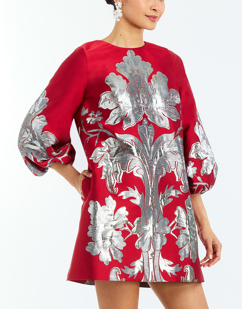 Rosanna Mini Dress in Burgundy Arbor side – metallic jacquard cocktail dress with A-line silhouette, crew neckline, and balloon sleeves by Mestiza New York.