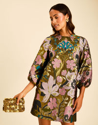 Rosanna Mini Dress in Fleur Baroque with three-quarter balloon sleeves, elastic cuffs, and an A-line shift silhouette.
