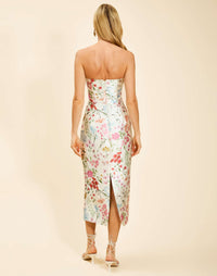 Sabrina Midi Dress in Ivory Floral poly silk twill with strapless straight neckline, pegged column silhouette, and side pockets.