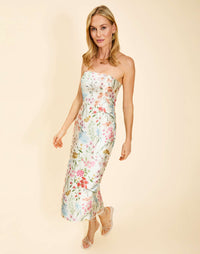 Sabrina Midi Dress in Ivory Floral poly silk twill with strapless straight neckline, pegged column silhouette, and side pockets.