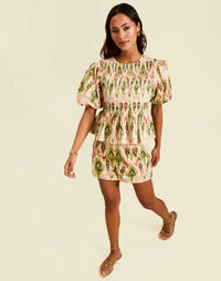 Santa Fe Convertible Top in Sweet Pea Ikat with pintucked peplum silhouette, detachable sleeves, and cotton poplin fabric