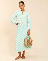 Santiago Convertible Midi Skirt in Aegean Blooms linen featuring reversible stripe and floral prints, bias-cut fabric, and subtle A-line silhouette.