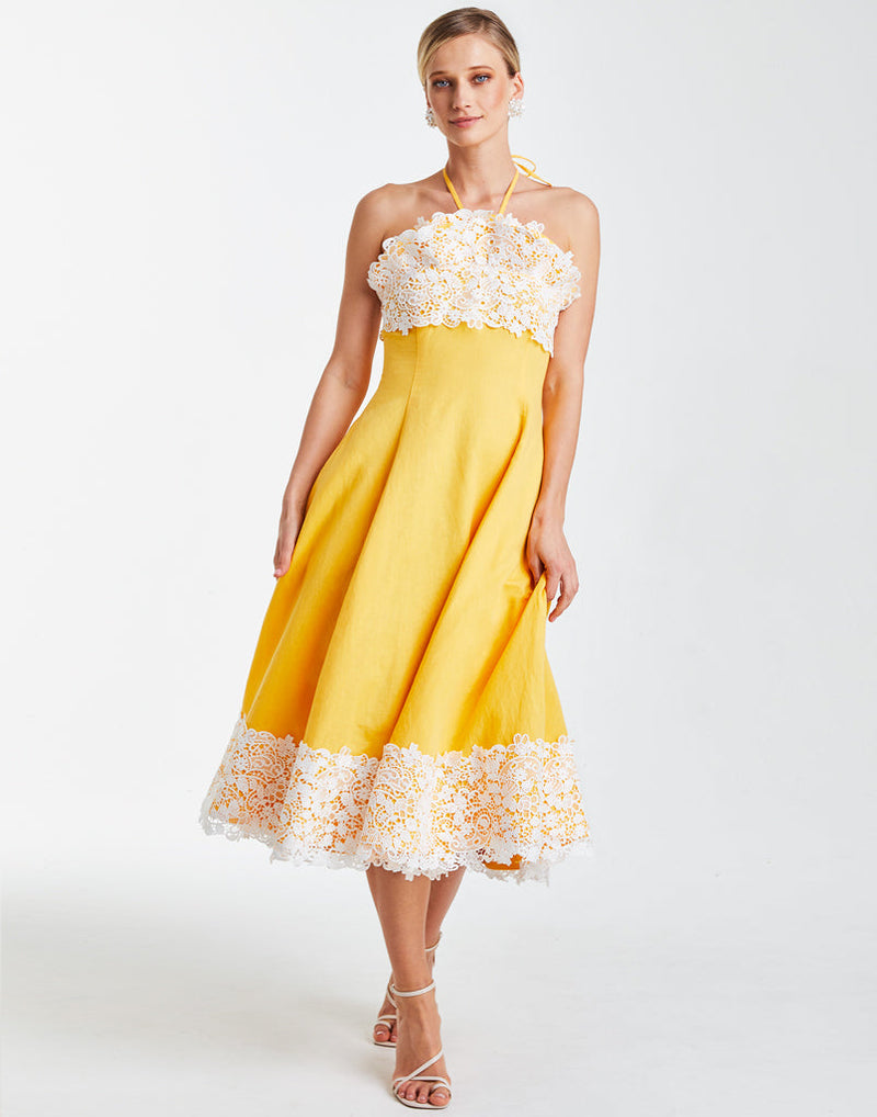 Linen halter dress with white lace applique