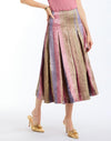 Seville Midi Skirt in Disco Stripes front – high-waisted midi skirt in striped metallic lamé with box pleats and concealed side zipper by Mestiza New York.