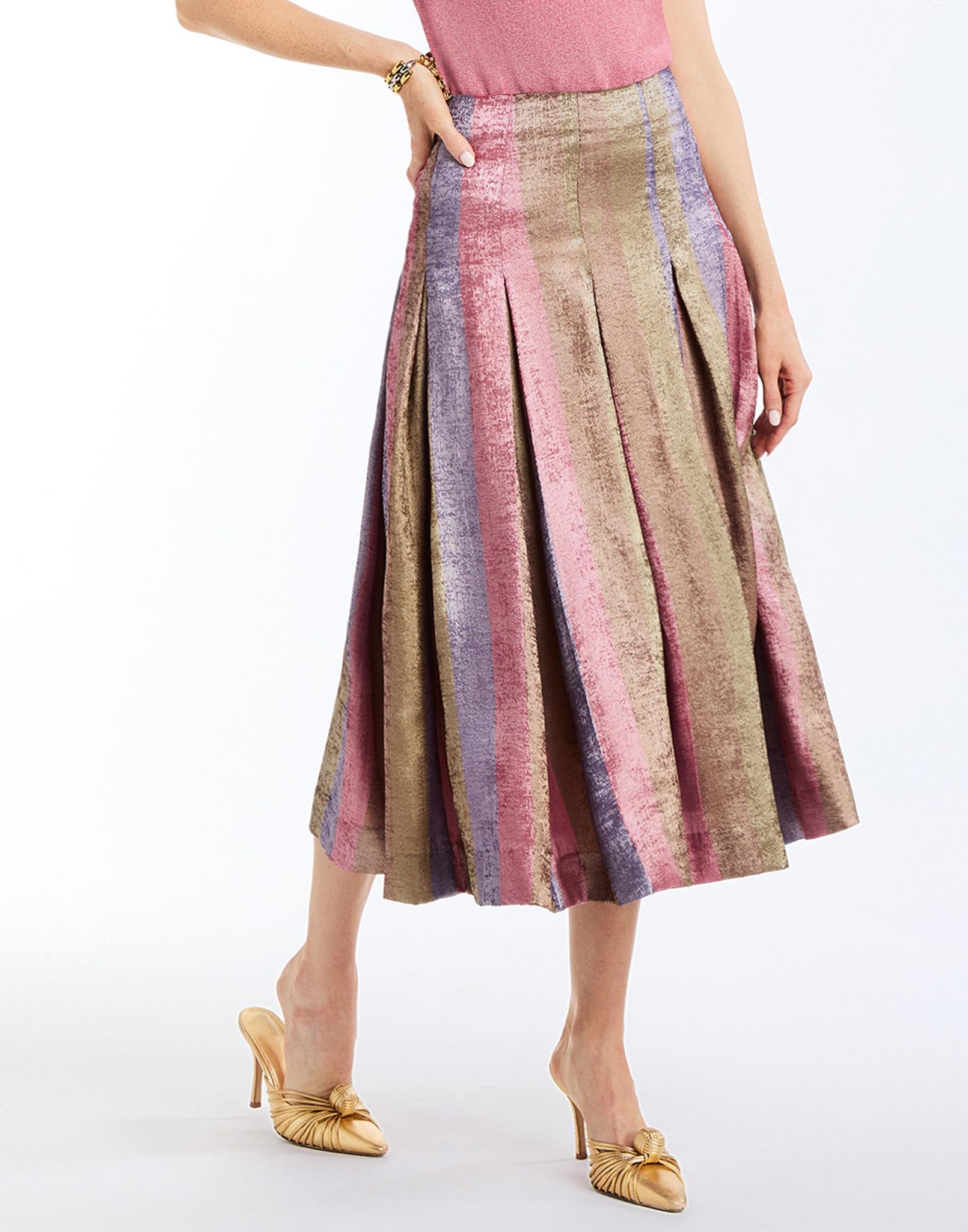 Seville Midi Skirt in Disco Stripes front – high-waisted midi skirt in striped metallic lamé with box pleats and concealed side zipper by Mestiza New York.