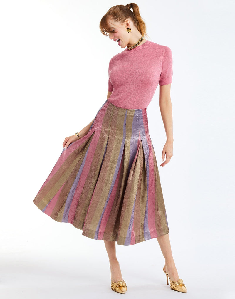 Seville Midi Skirt in Disco Stripes full body – high-waisted midi skirt in striped metallic lamé with box pleats and concealed side zipper by Mestiza New York.