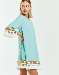 A-line, flowy with sleeves dress with tassel and sequin embellishments