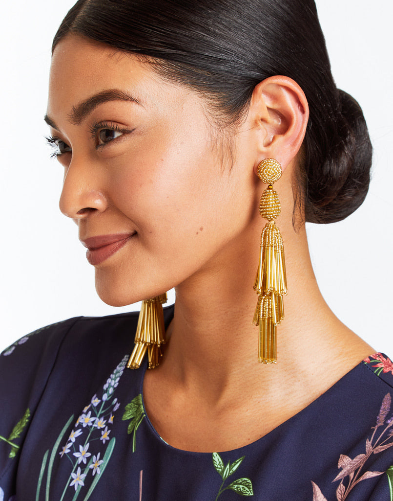 Gold beaded tassel drop earrings