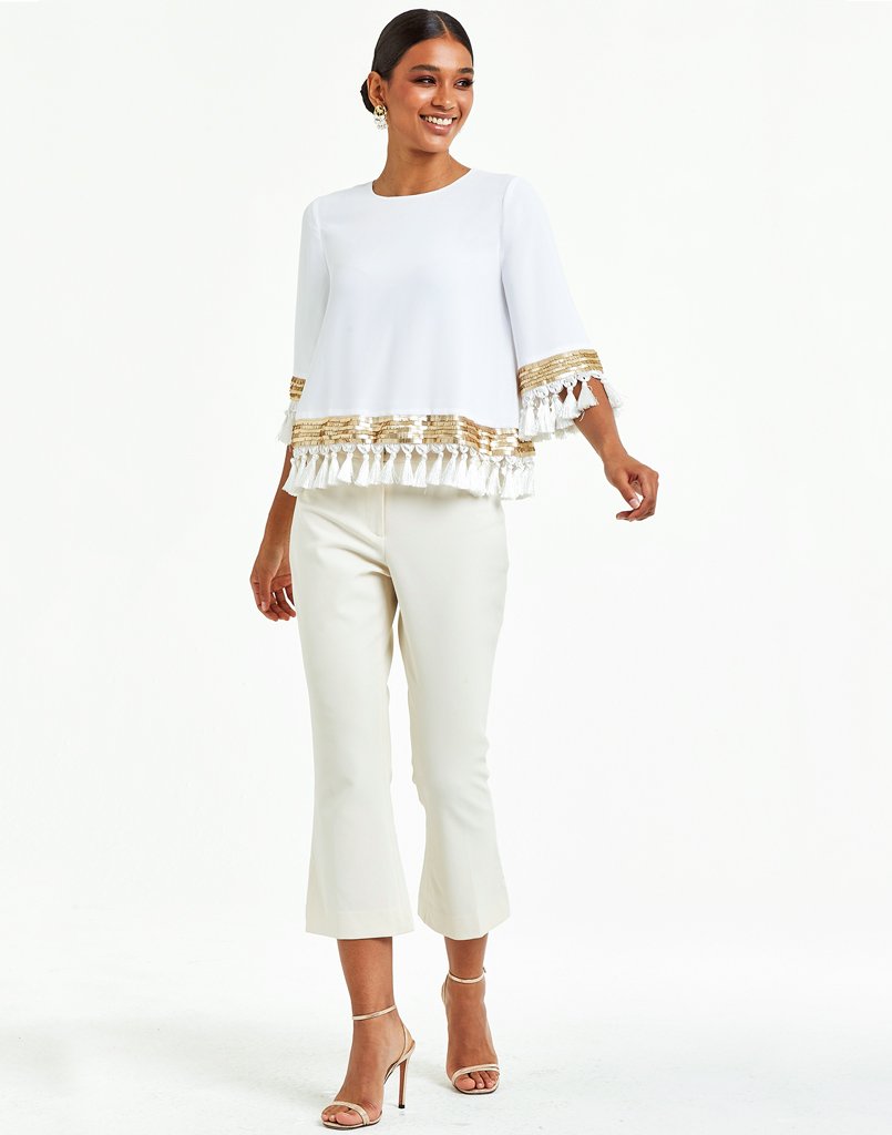 A-line sleeved top crafted in chiffon with tassels and sequin embellishments