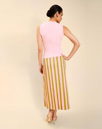 Woman wearing the Mestiza Soho Knit Shell Top in English Rose, featuring a sleeveless silhouette, crew neckline, ribbed trim, cropped fit, and soft knit fabrication.