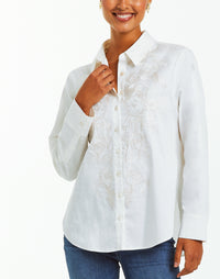 Ivory modern Barong blouse with intricate front panel embroidery