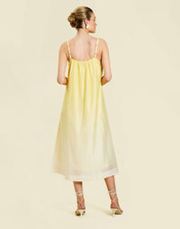 Solenn Midi Dress in Vanilla Sunrise linen organza with 3D shell details, straight neckline, and relaxed midi silhouette.