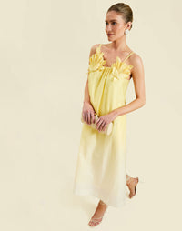 Solenn Midi Dress in Vanilla Sunrise linen organza with 3D shell details, straight neckline, and relaxed midi silhouette.