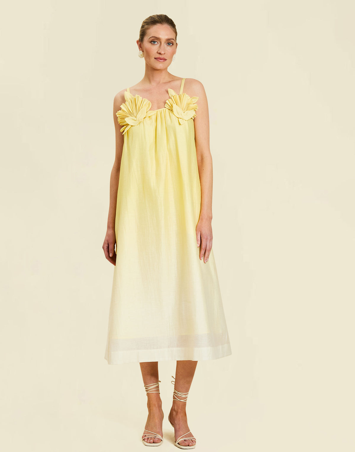 Solenn Midi Dress in Vanilla Sunrise linen organza with 3D shell details, straight neckline, and relaxed midi silhouette.
